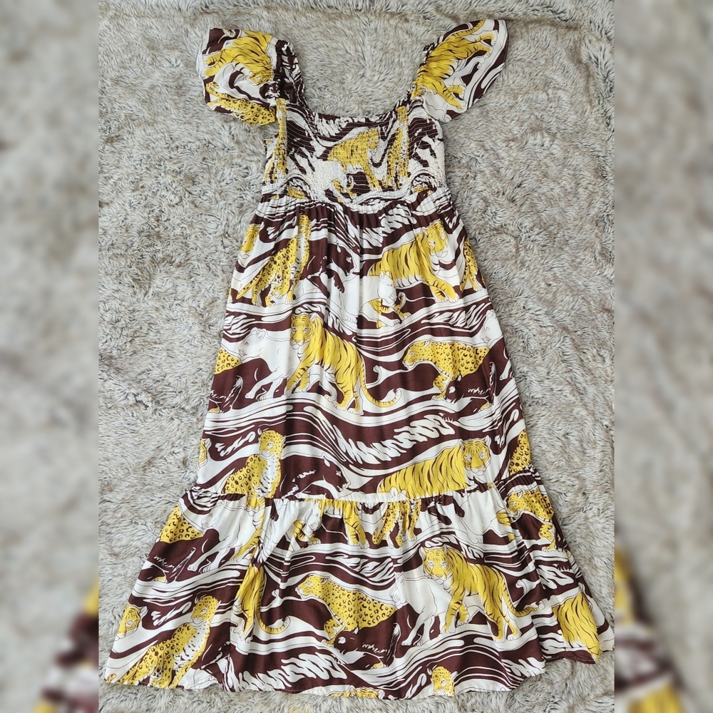 By Anthropologie Ruffle Strap Maxi Dress Brown Motif Women's Size XL Petite - Picture 3 of 12